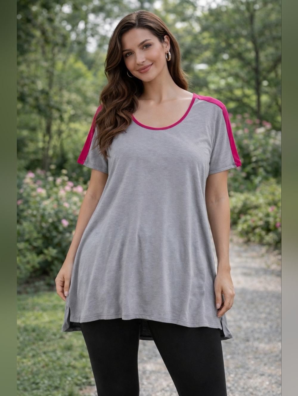 LuLaRoe Perfect Tee Women’s Large Gray w/ Pink Trim Flowy Short Sleeve Top